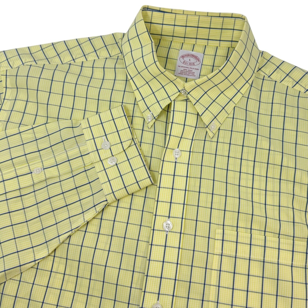 Brooks Brothers Mens Yellow Blue Tattersall Supima Cotton Non-Iron Shirt Large